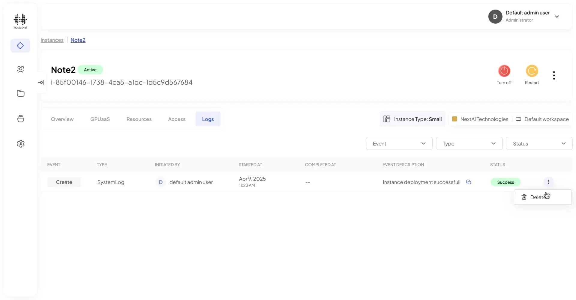 HostedAI Instance Details - Logs screen showing active instance Note2 with logs and options.