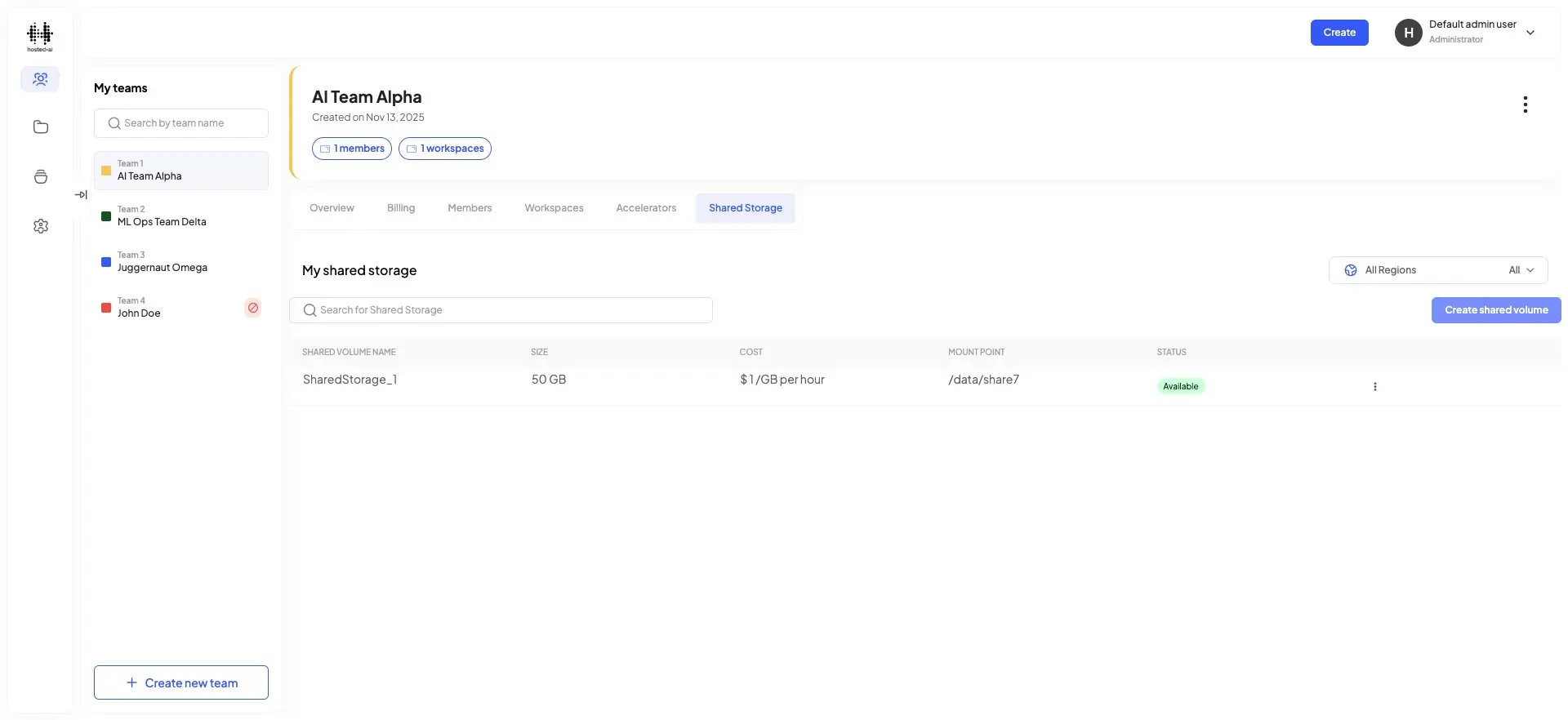 HostedAI AI Team Alpha Shared Storage screen
