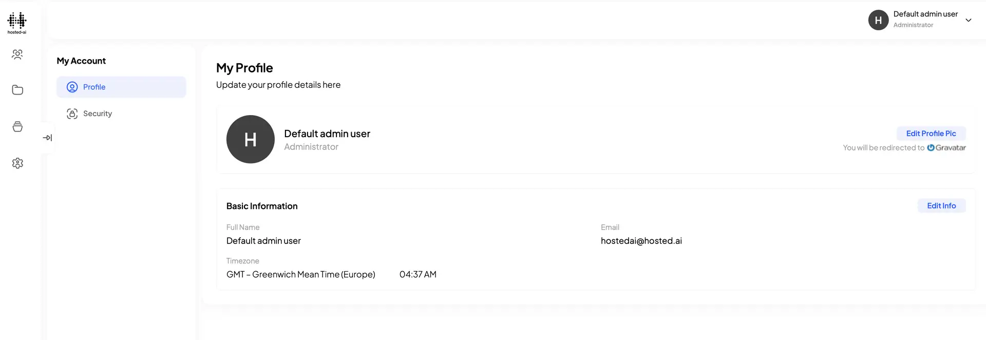 hosted·ai Account Settings User Panel Profile