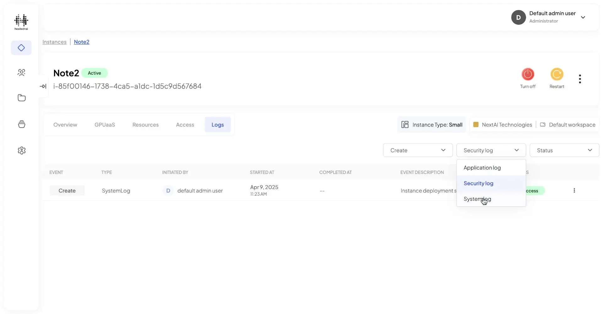 HostedAI Instance Details Logs page showing active instance Note2 with logs and options.
