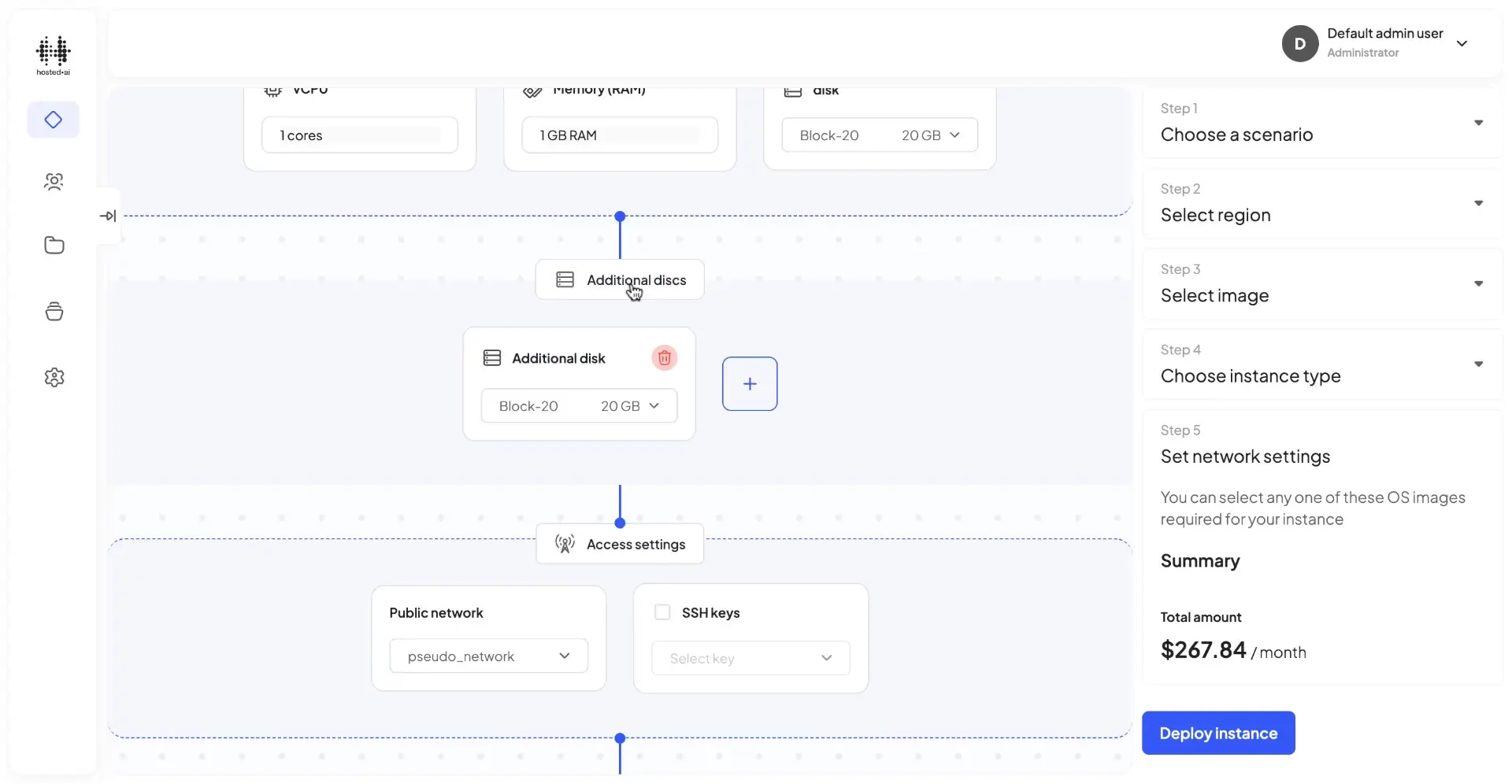 HostedAI User Panel for creating a cloud instance with configuration options and deployment steps.