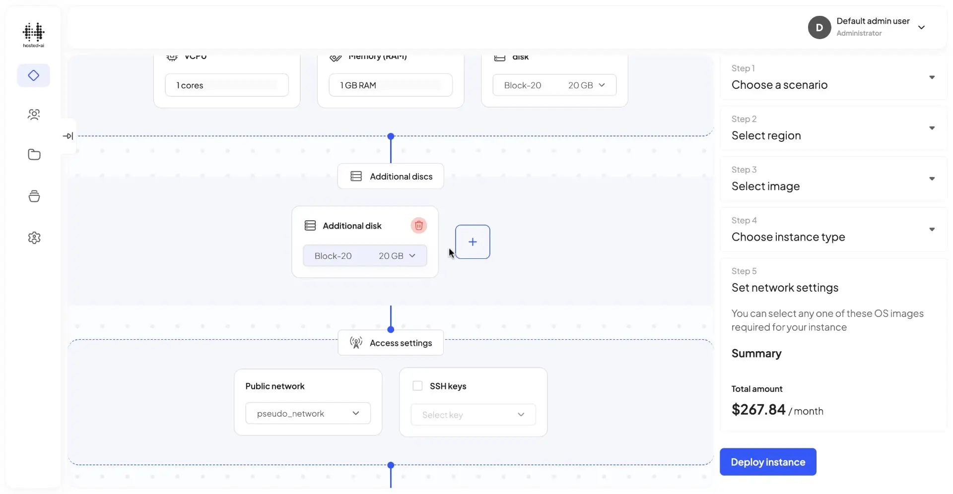 HostedAI User Panel for creating a cloud instance with configuration options and deploy button.
