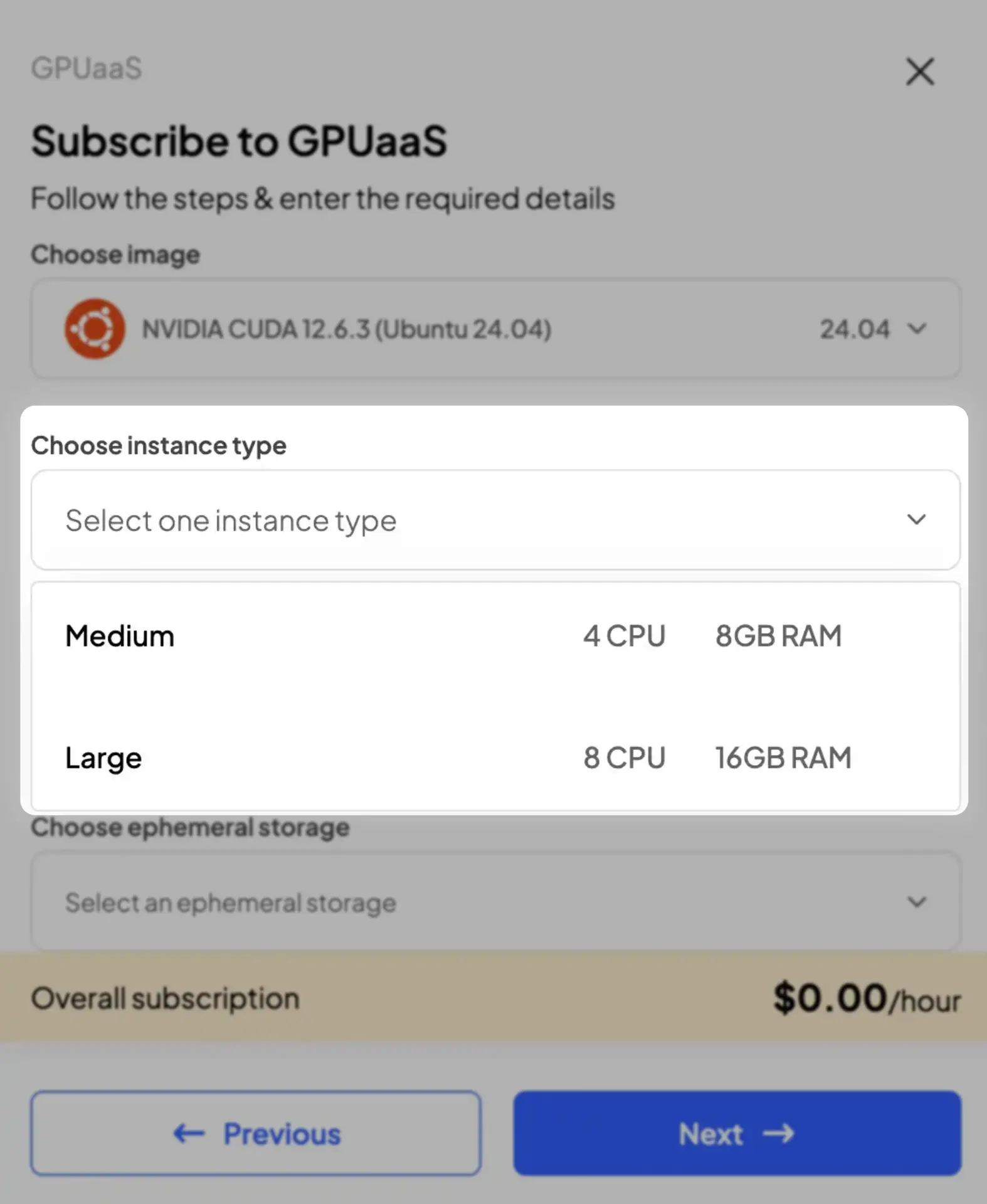 HostedAI GPUaaS subscription screen showing options for image, instance type, and ephemeral storage selection.