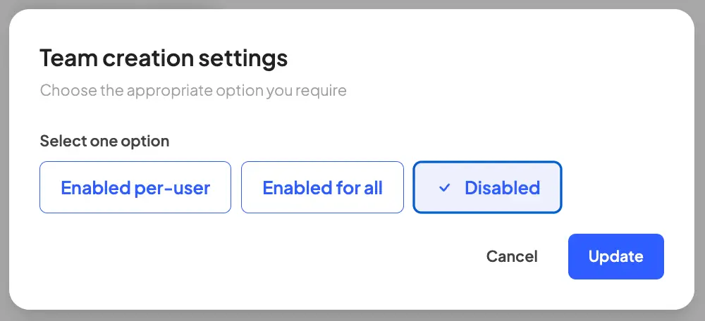 HostedAI Team creation settings panel with options for enabling team creation per user, for all, or disabling it, and buttons to cancel or update the selection.