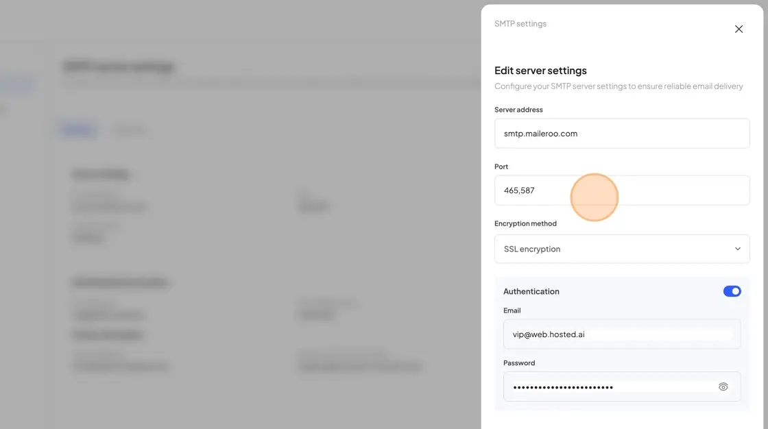 SMTP settings configuration panel in HostedAI platform showing server address, port, encryption method, and authentication details.