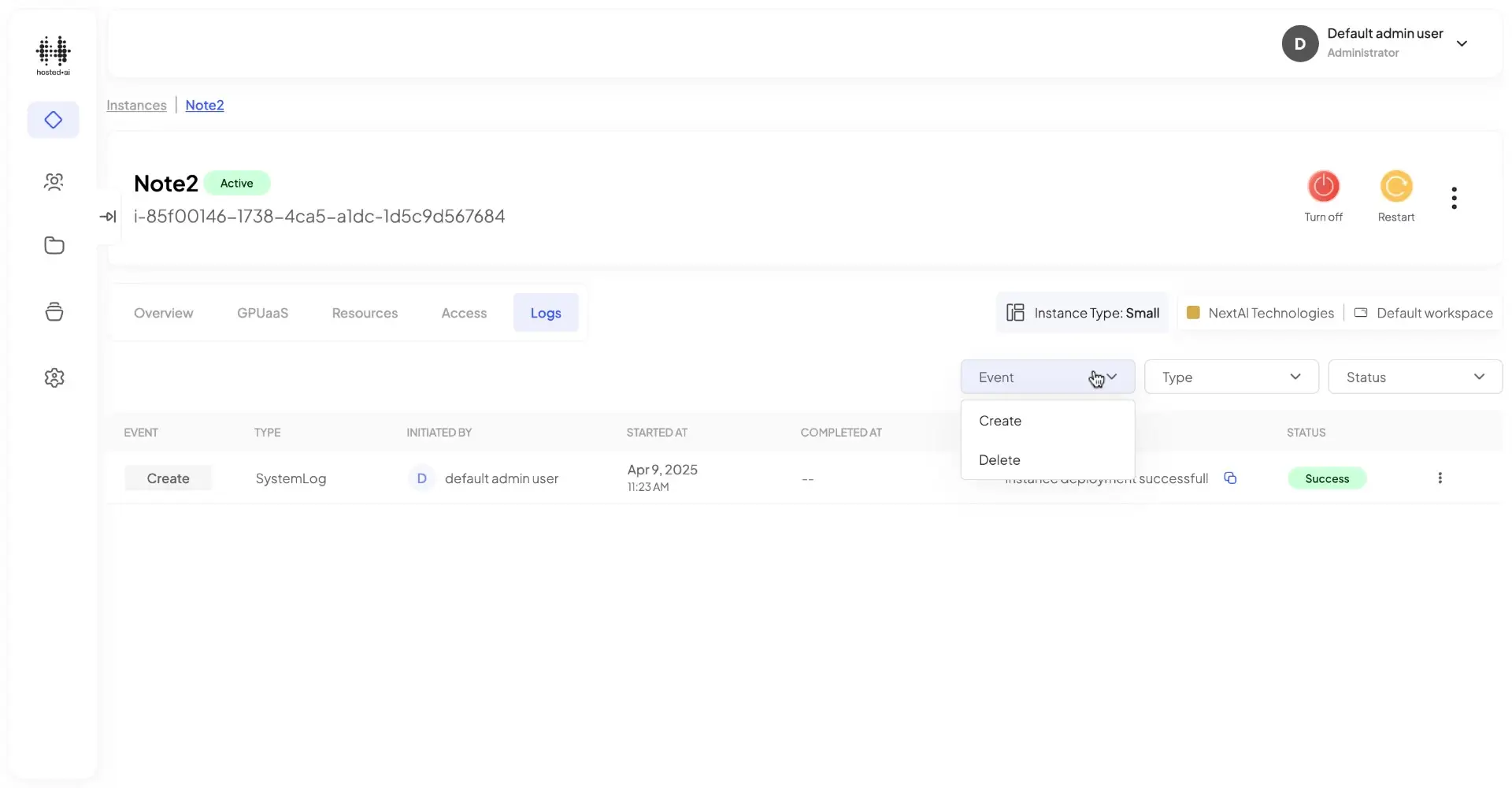HostedAI Instance Details - Logs for Note2