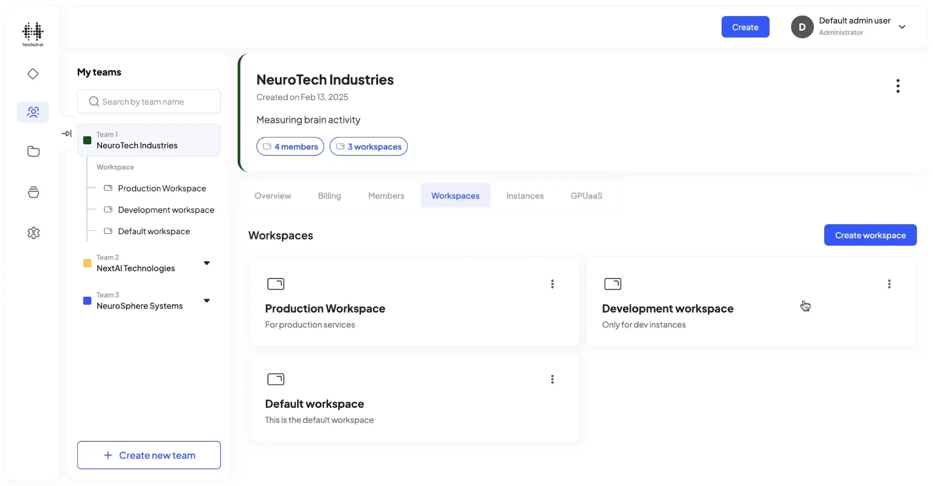HostedAI User Panel showing workspaces for NeuroTech Industries with options to manage and create workspaces.