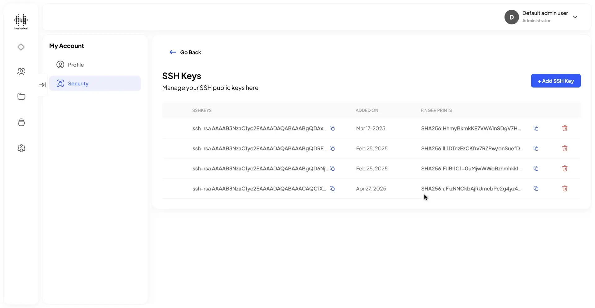 HostedAI User Panel SSH Keys management screen showing a list of SSH keys with options to add, copy, or delete keys.