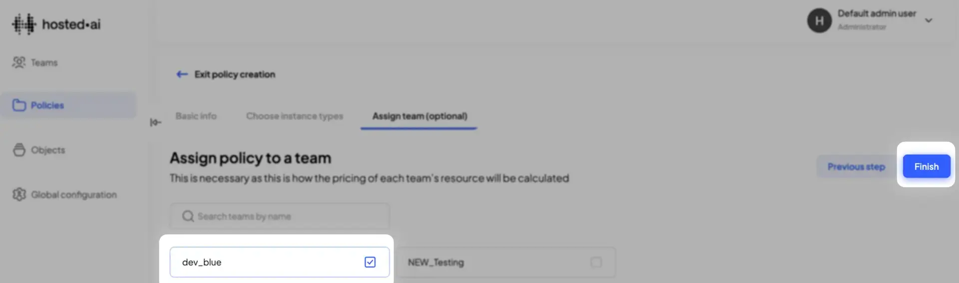 HostedAI Policies - Assign team optional step in policy creation