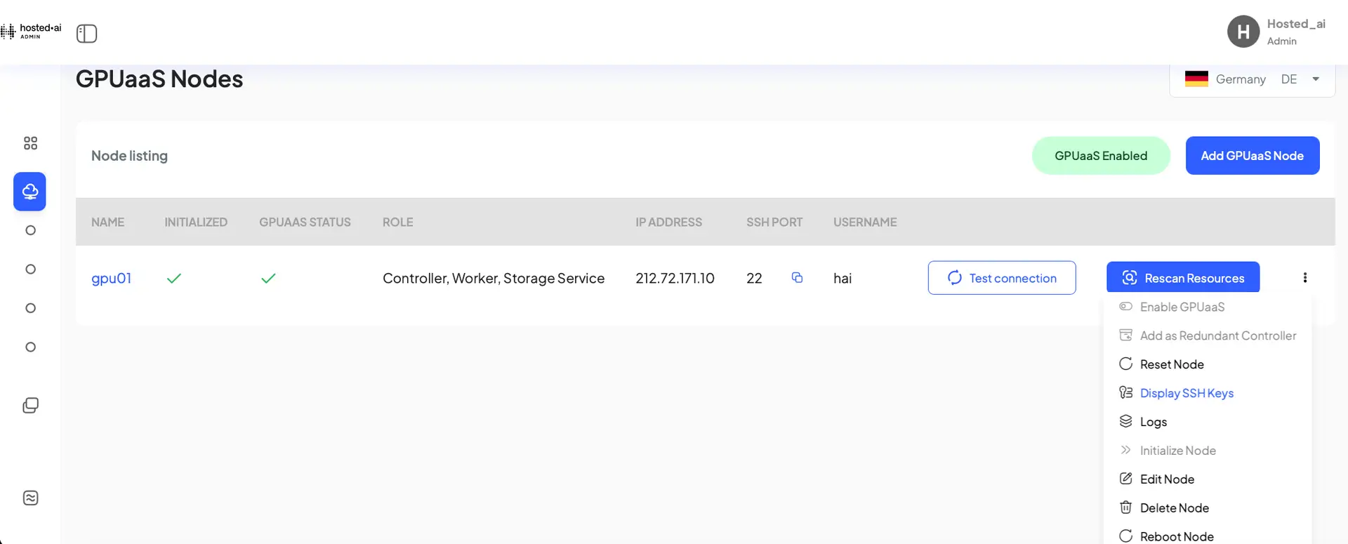 HostedAI Admin Panel - GPUaaS Nodes