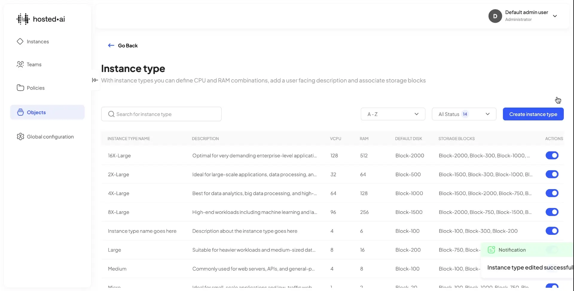 hosted.ai Admin Panel - Instance type management screen