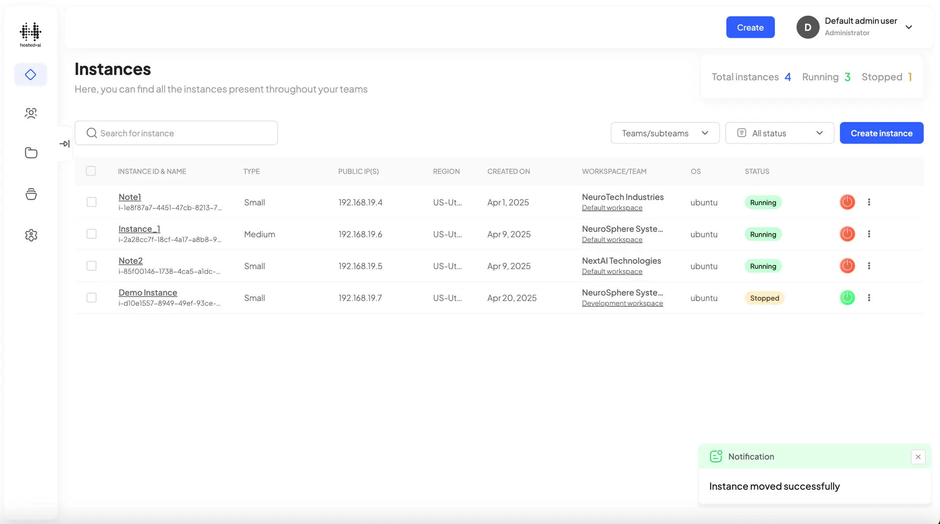 HostedAI Instances page showing a list of instances with details and management options.