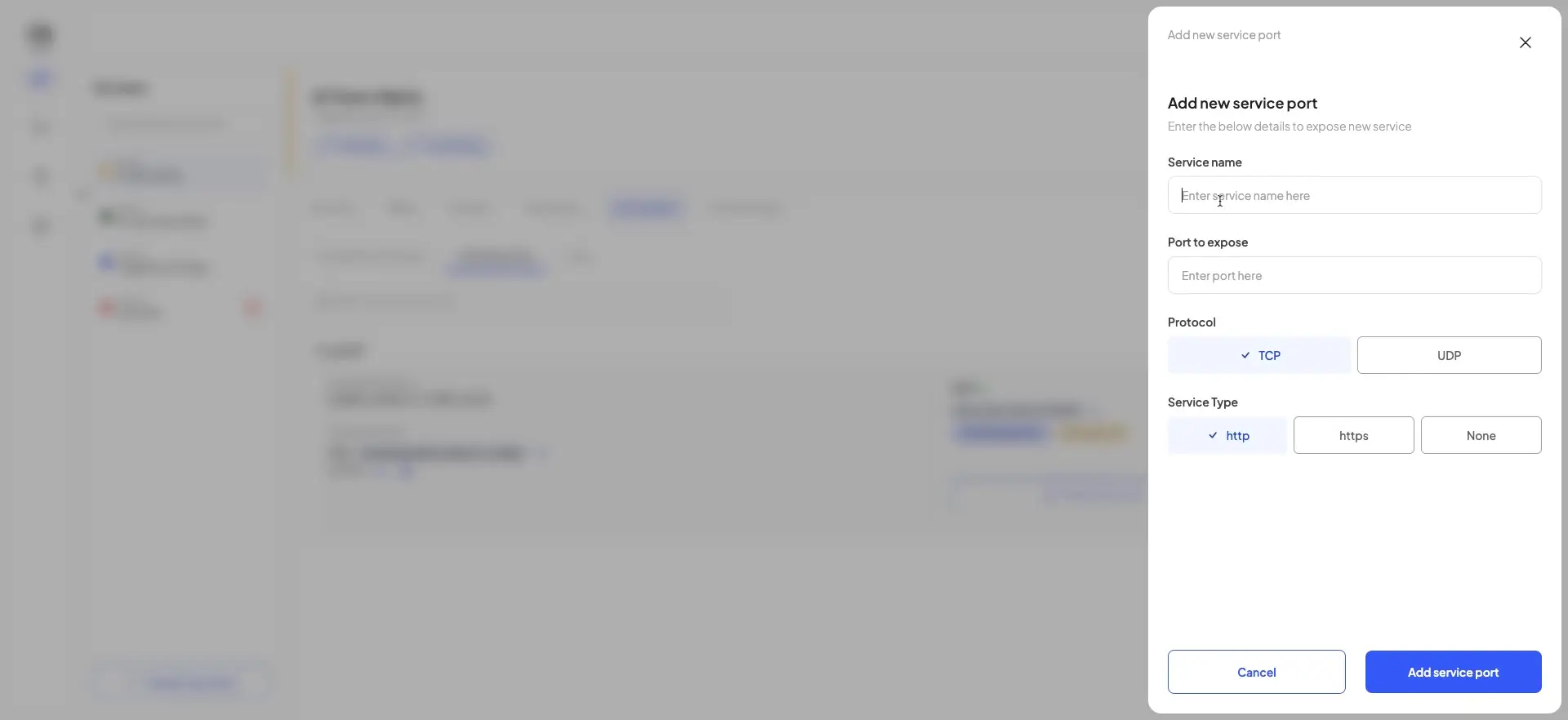 The screenshot shows a modal for adding a new service port. Users can specify the service name, port to expose, protocol (TCP or UDP), and service type (HTTP, HTTPS, or None).