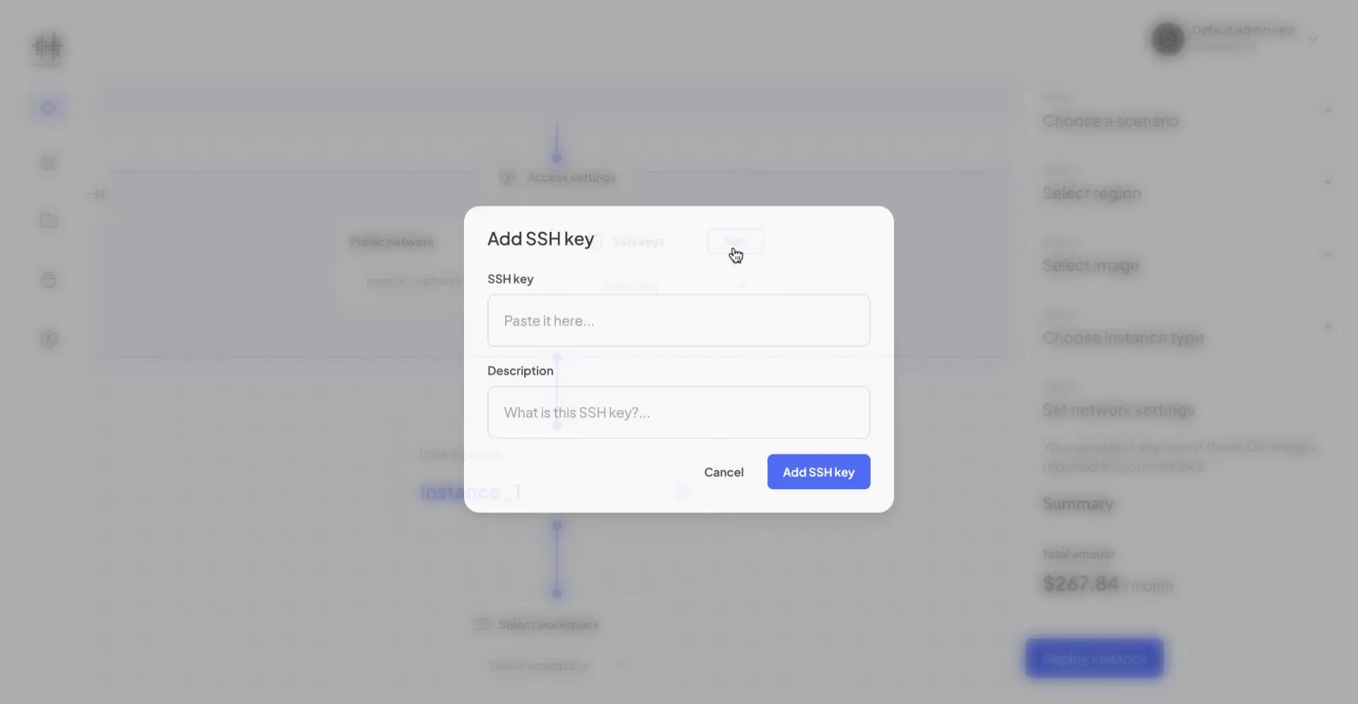 HostedAI User Panel - Add SSH Key modal during cloud instance creation