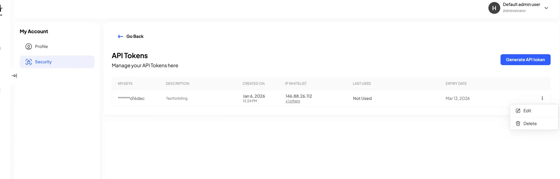 HostedAI API Tokens management page under Security settings.