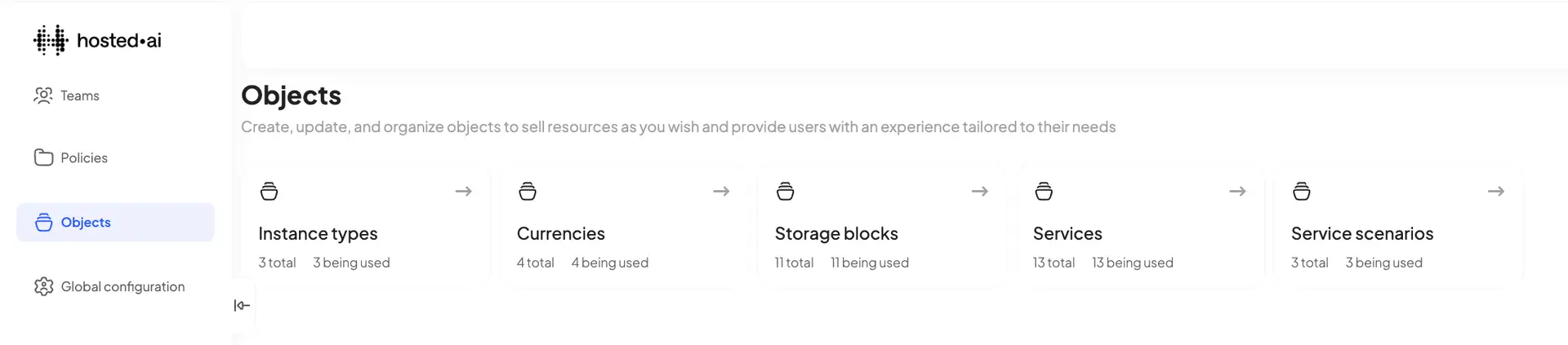 HostedAI Objects section showing categories like Instance types, Currencies, Storage blocks, Services, and Service scenarios.