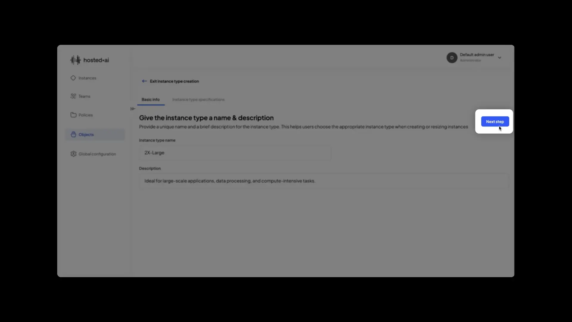 HostedAI Admin Panel - Edit Instance Type Basic Info