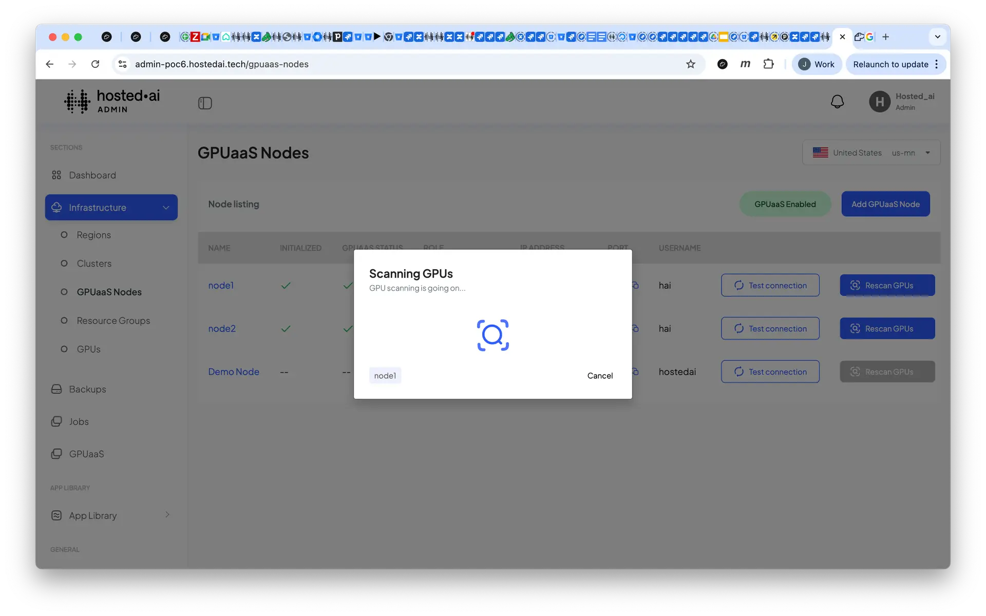 HostedAI Admin Panel showing GPUaaS Nodes with a scanning GPUs modal open.
