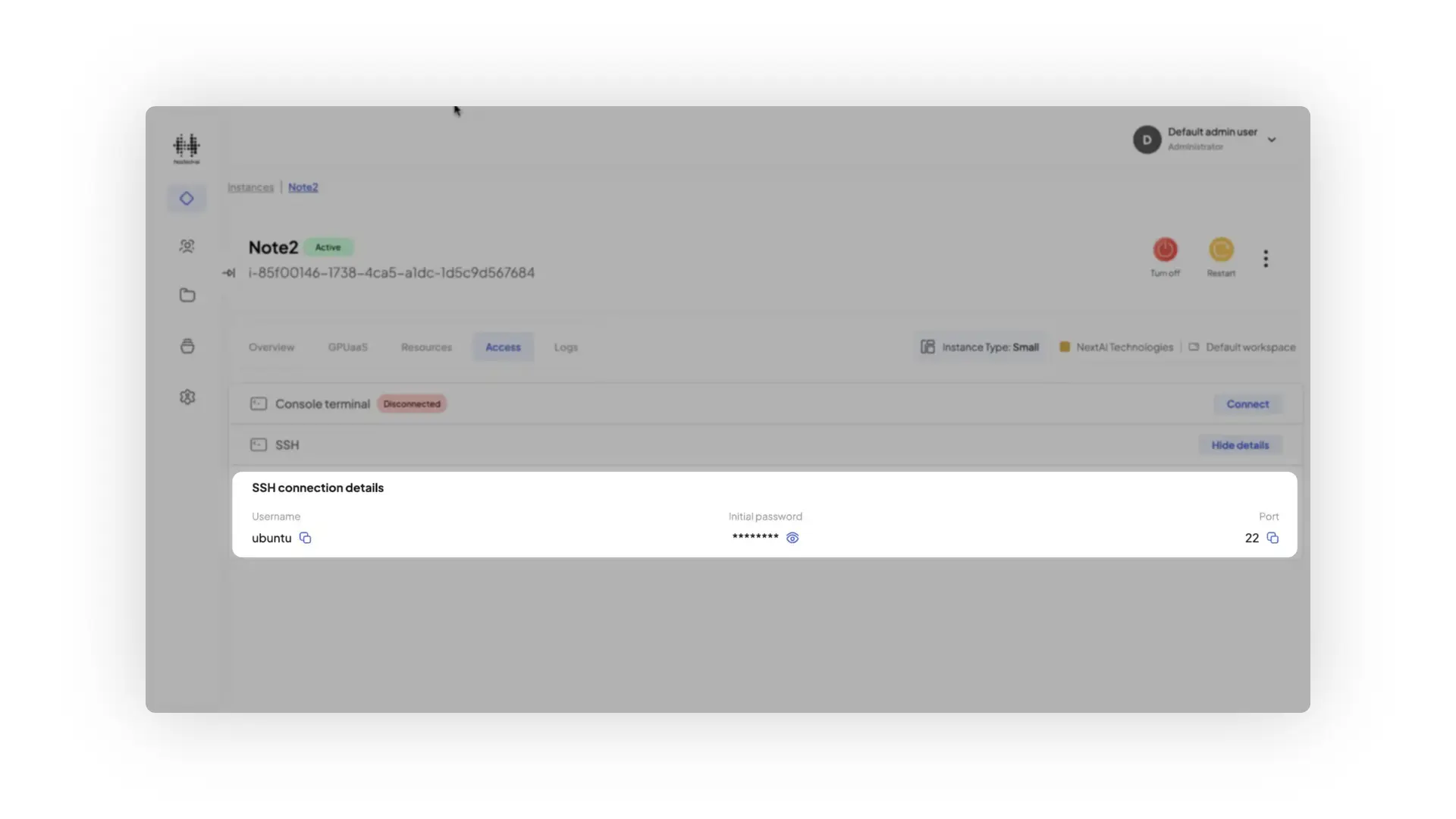 HostedAI Instance Details Access screen showing Note2 instance with SSH connection details.