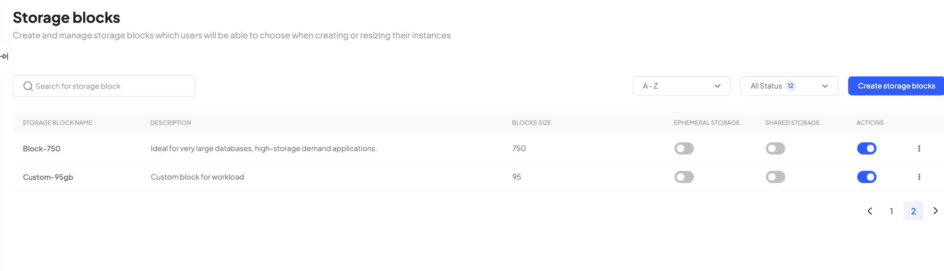 HostedAI Storage blocks management interface showing options to create and manage storage blocks.