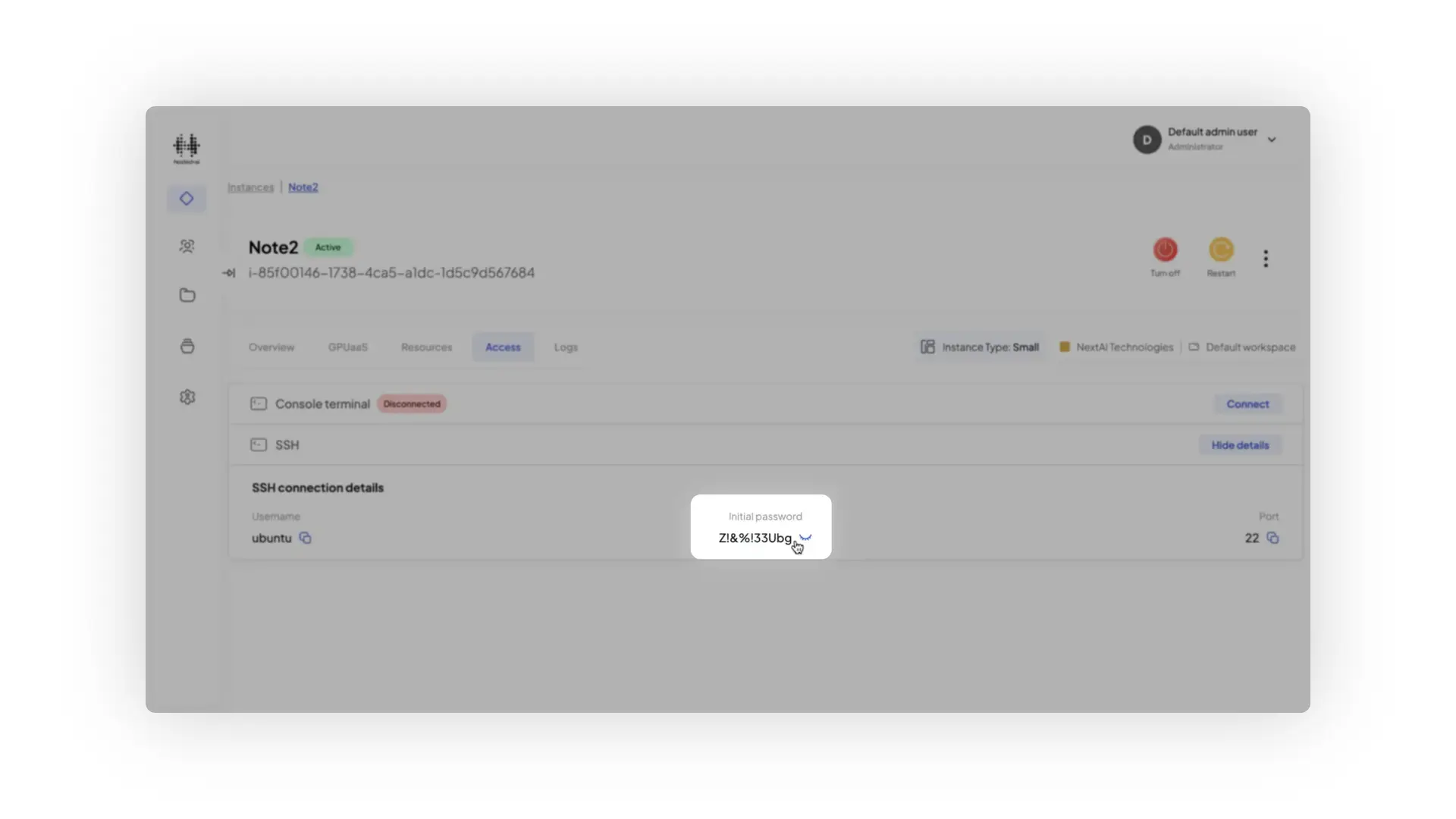 HostedAI Instance Details Access screen showing Note2 instance with SSH connection details.