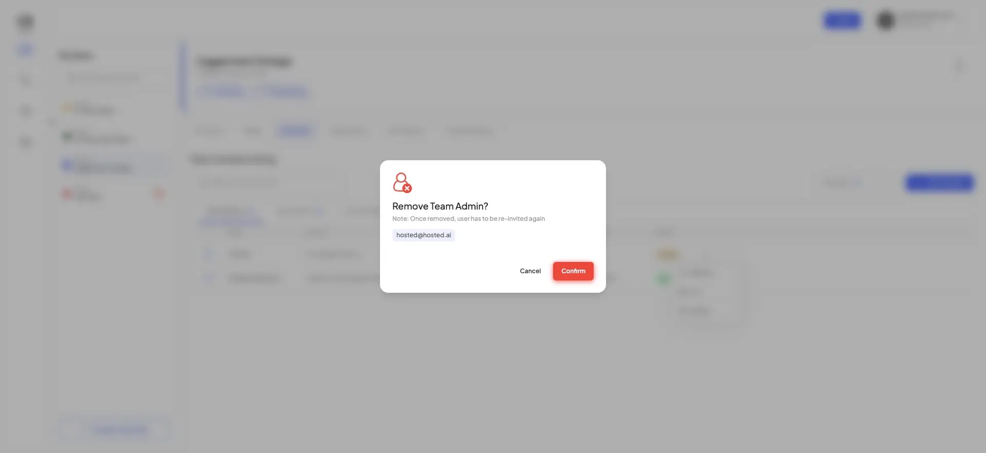 HostedAI Members Teams User Panel - Remove Team Admin confirmation dialog