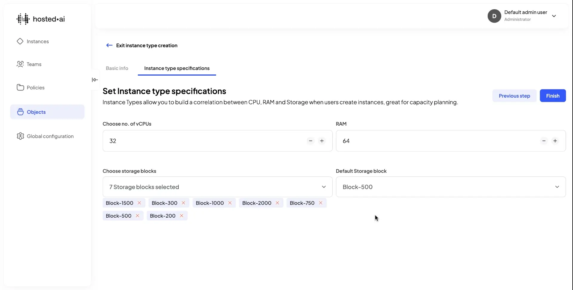 Hosted.ai Admin Panel - Instance type specifications