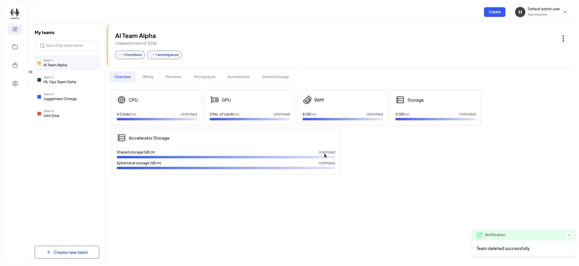 The screenshot displays the overview of the AI Team Alpha, showing resource allocation such as CPU, GPU, RAM, and storage, along with a notification indicating successful team deletion.