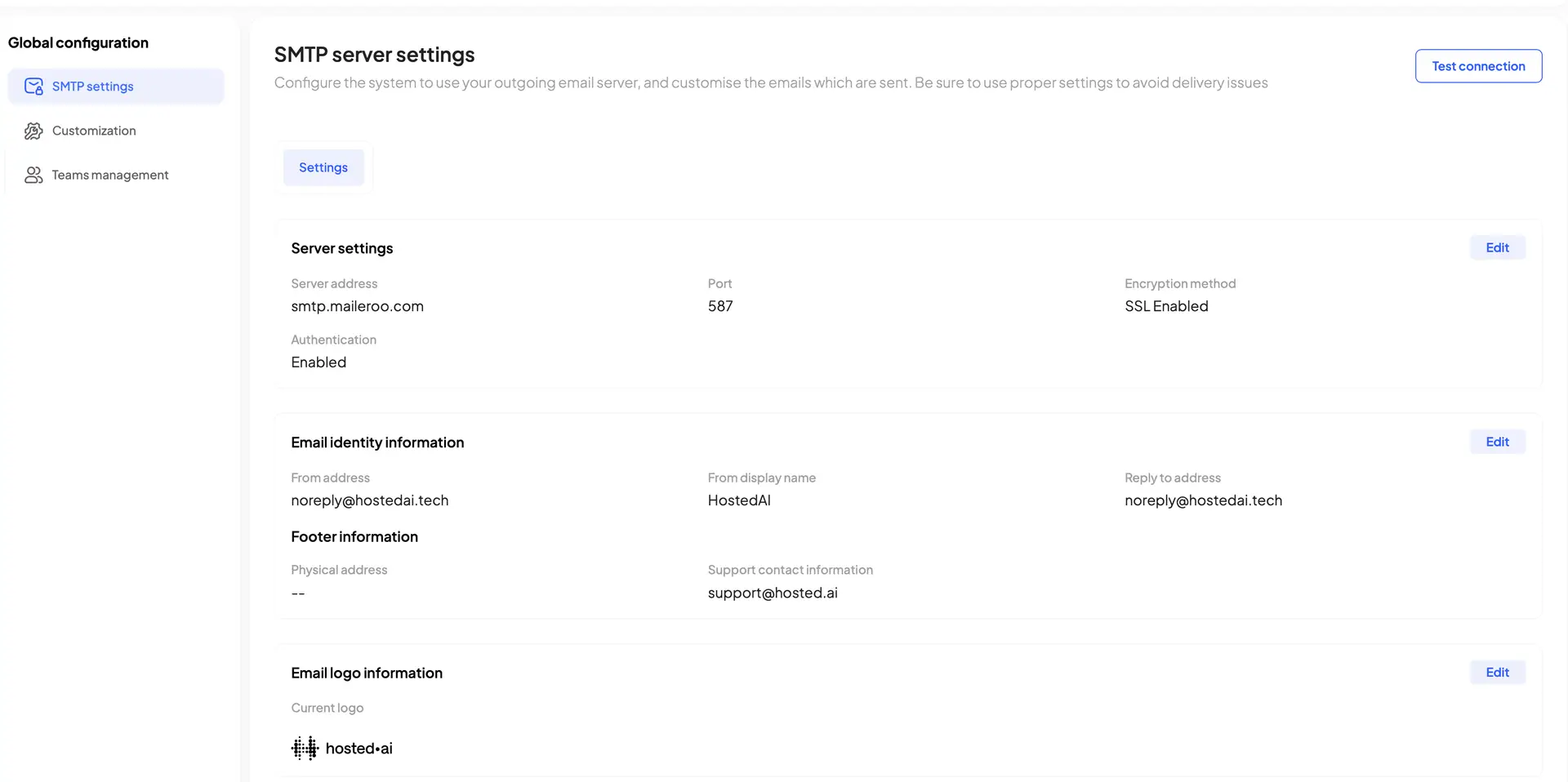 HostedAI Global Configuration SMTP server settings page