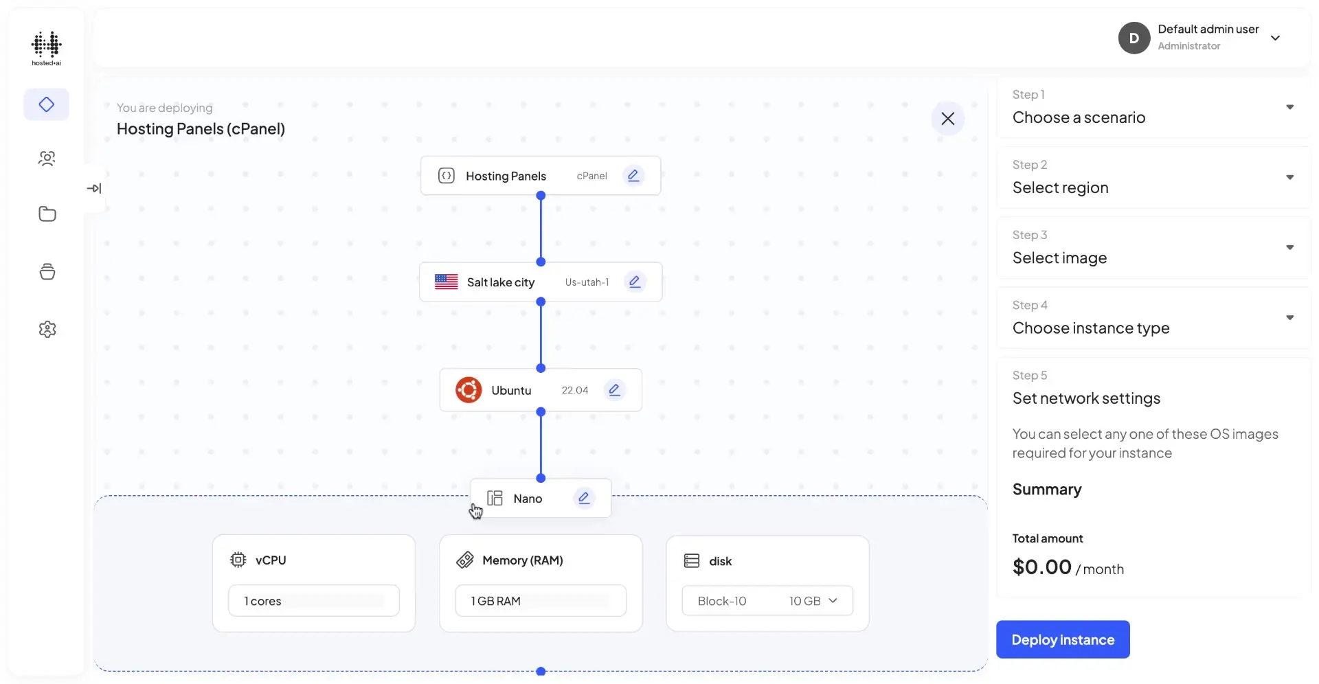 HostedAI User Panel for creating a cloud instance with steps for deployment and configuration options.