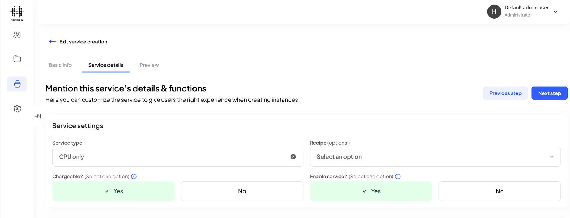 HostedAI Service Creation - Service Details