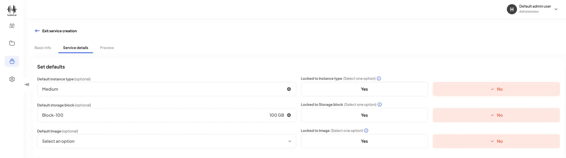 HostedAI Service Creation - Service Details Tab