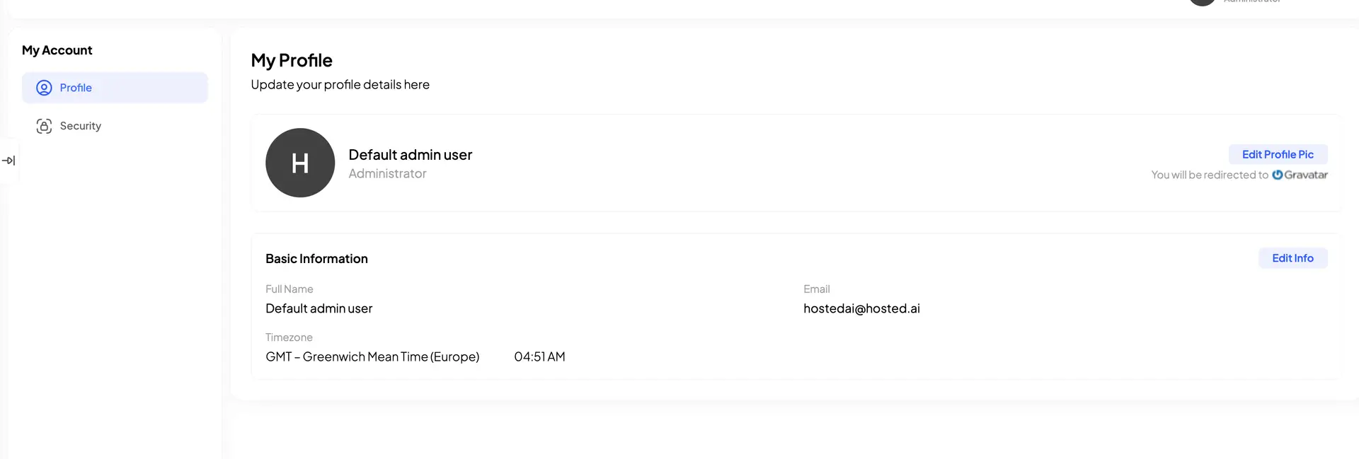 HostedAI My Profile page showing account settings and user panel.