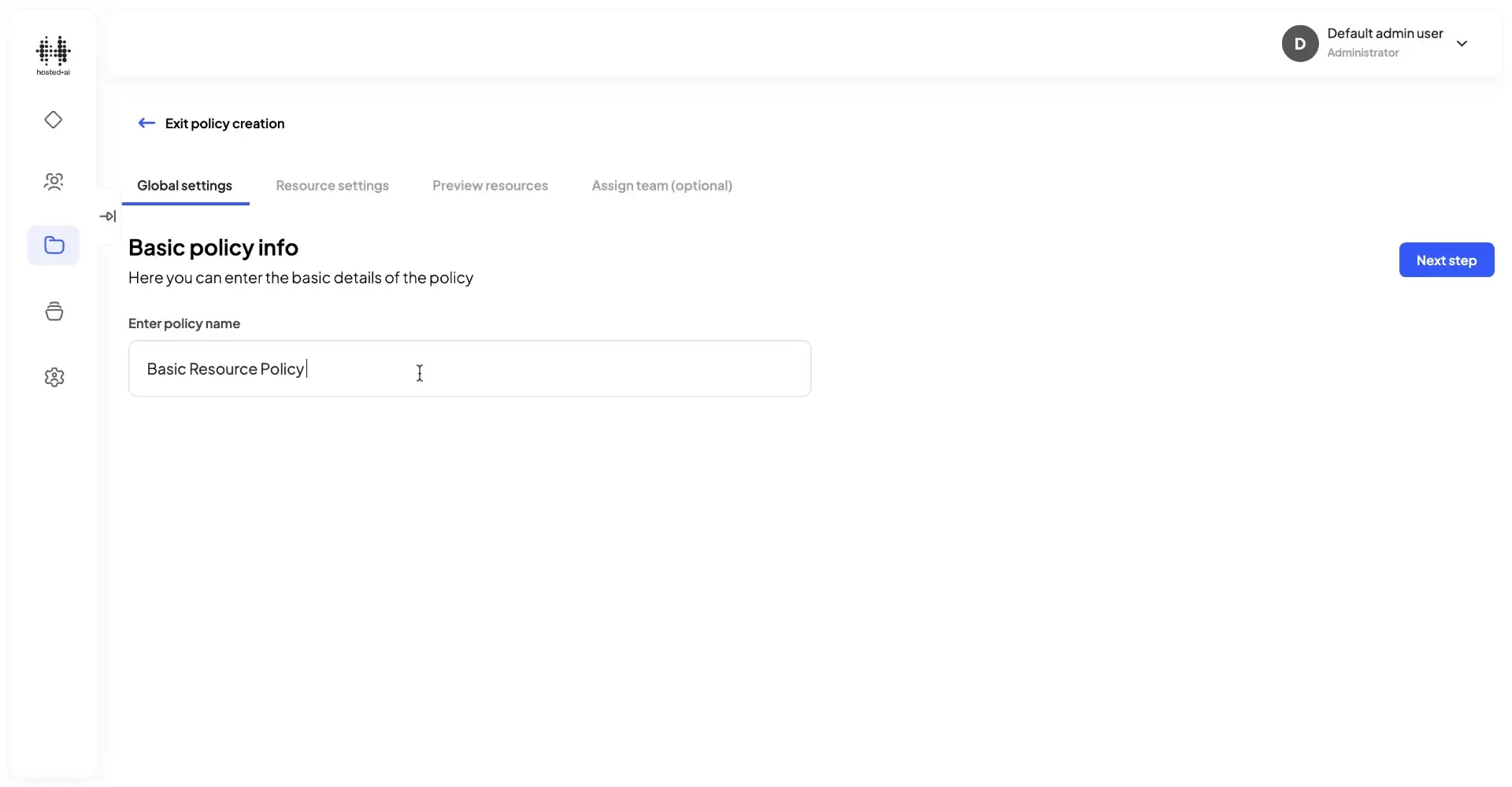 HostedAI Admin Panel - Basic policy info section for managing resource policies.