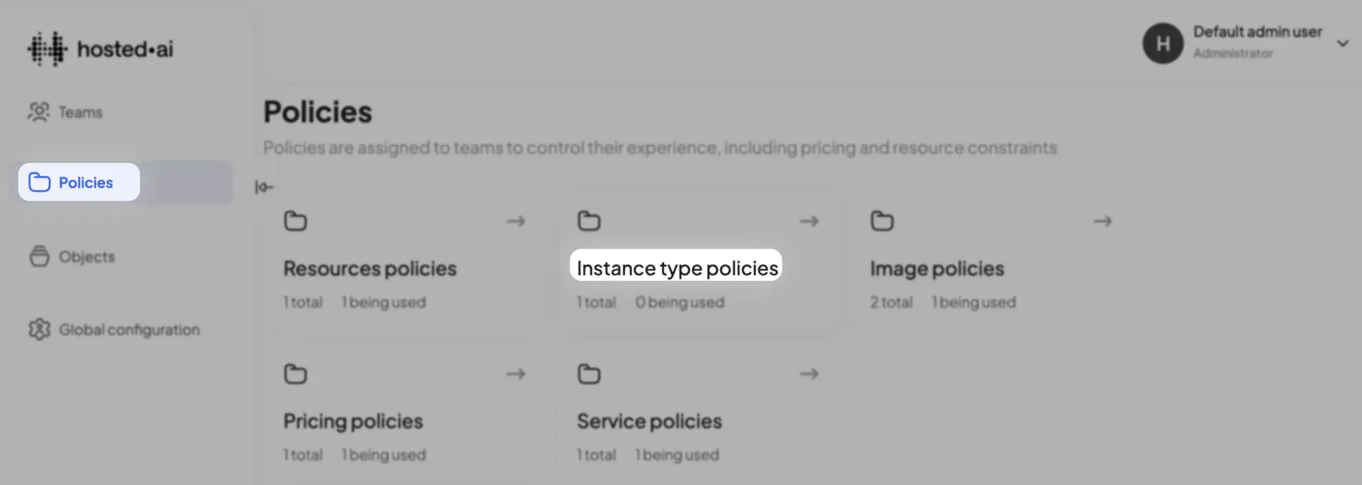 hosted.ai Policies section showing various policy categories for managing instance type policies.