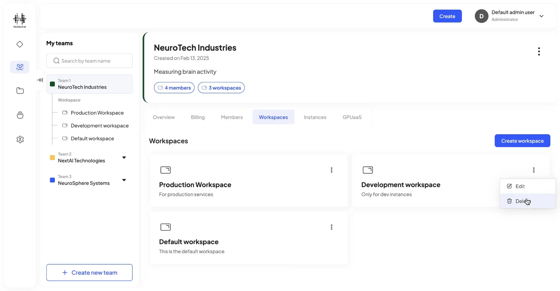 Hosted.ai User Panel showing Delete Workspace option for NeuroTech Industries.