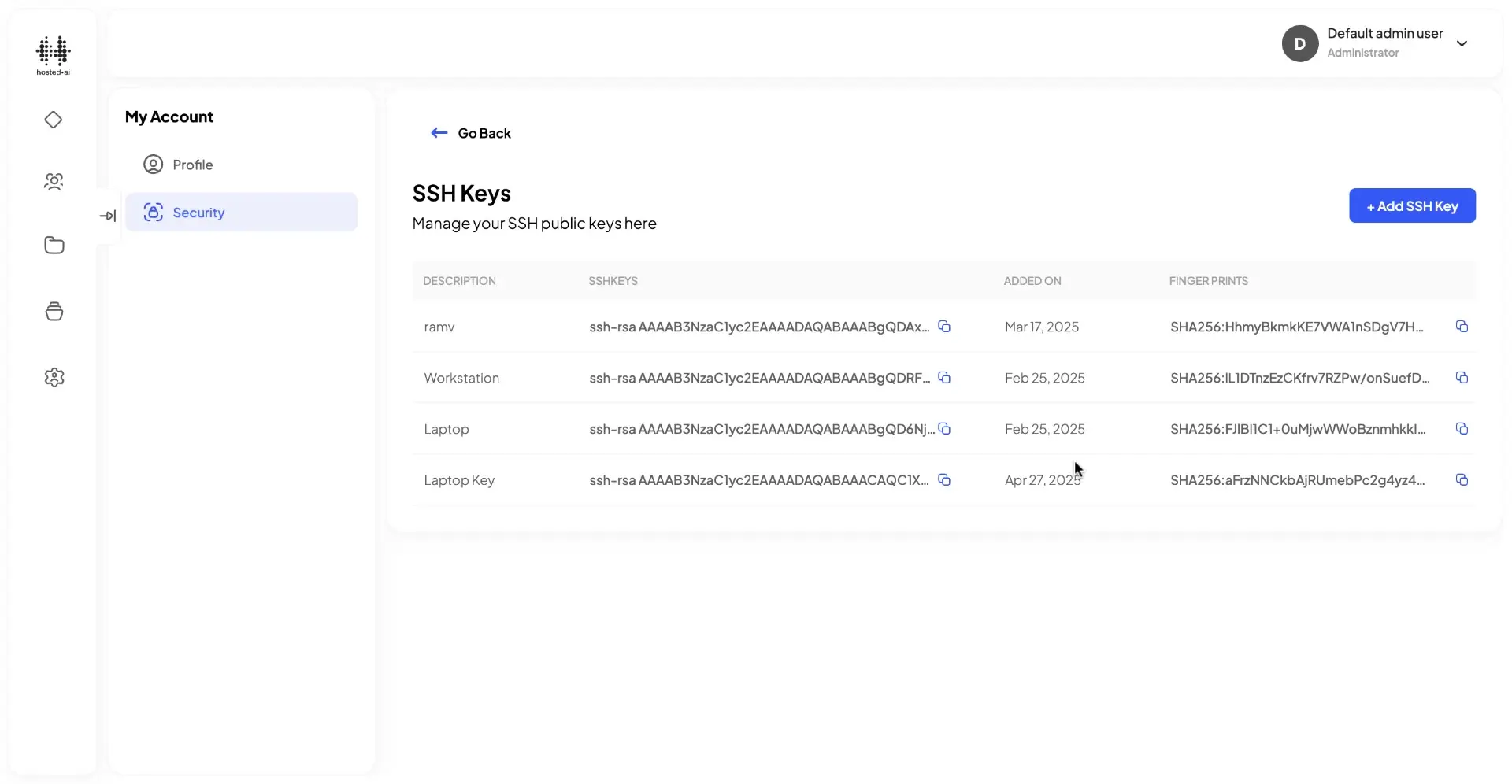 hosted.ai User Panel SSH Keys management screen showing a list of SSH keys with options to add new keys.