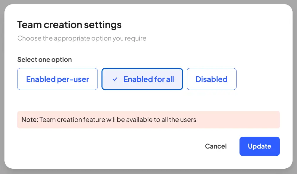 Team creation settings screen in HostedAI's Global Configuration User Panel.