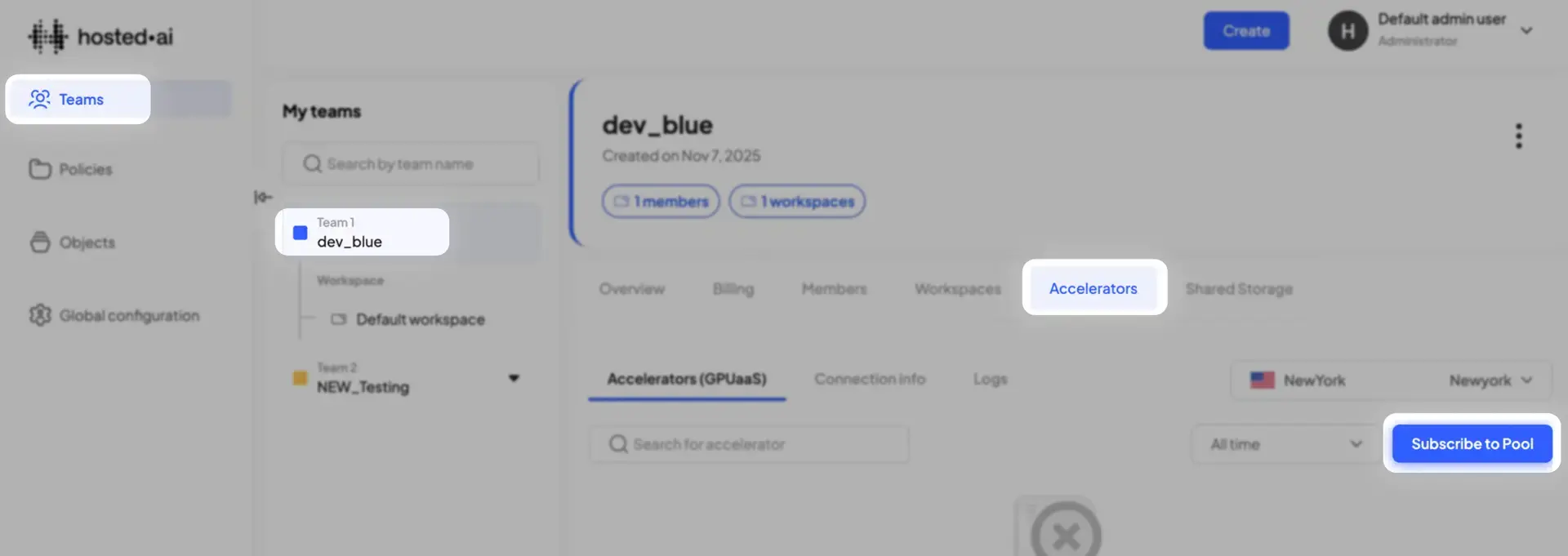 hosted.ai user panel showing team dev_blue details and accelerators management options