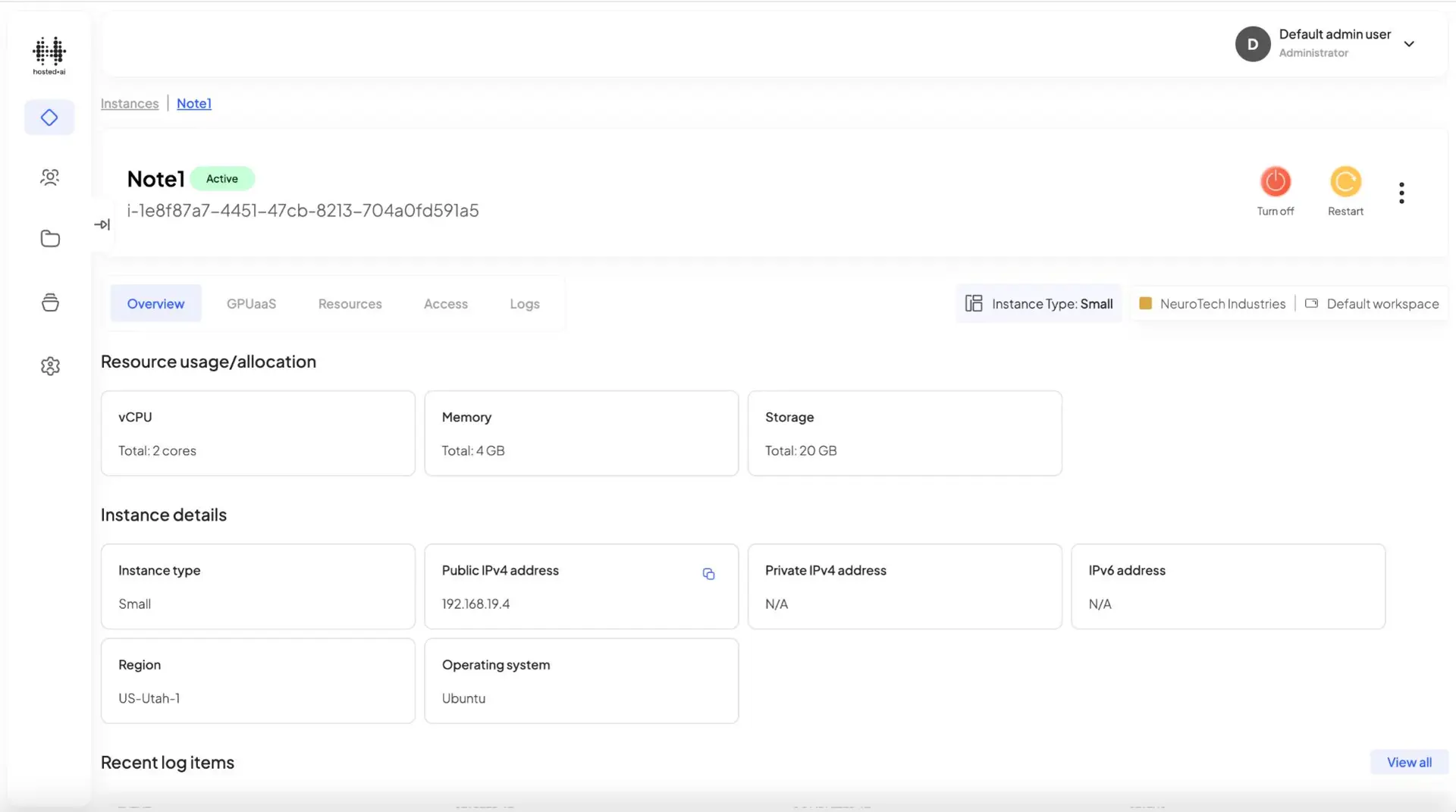 HostedAI Instance Details Overview page for Note1
