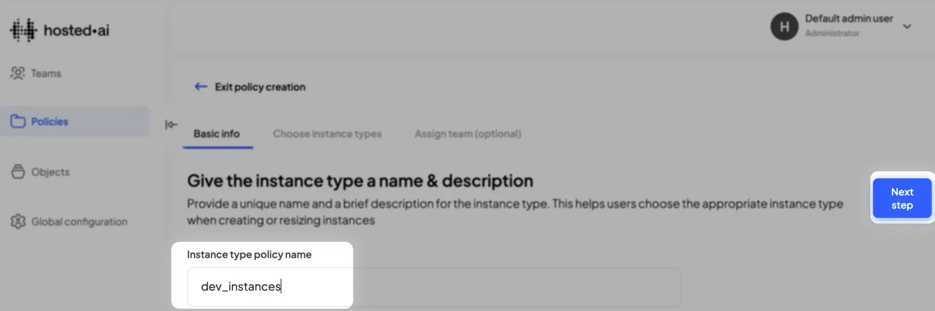 HostedAI Policies - Basic info step for instance type policy creation