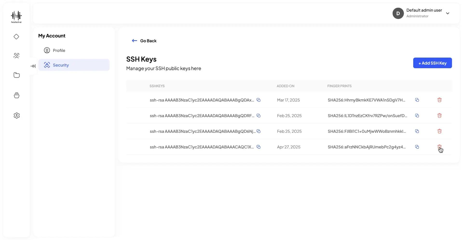 HostedAI User Panel SSH Keys management screen showing a list of SSH keys with options to add, copy, or delete keys.