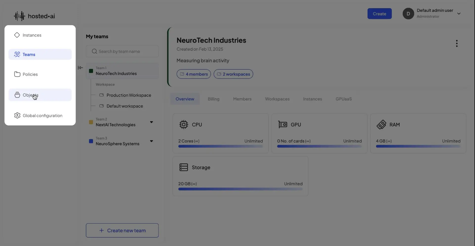 hosted.ai Objects section showing NeuroTech Industries team overview with resource allocations.