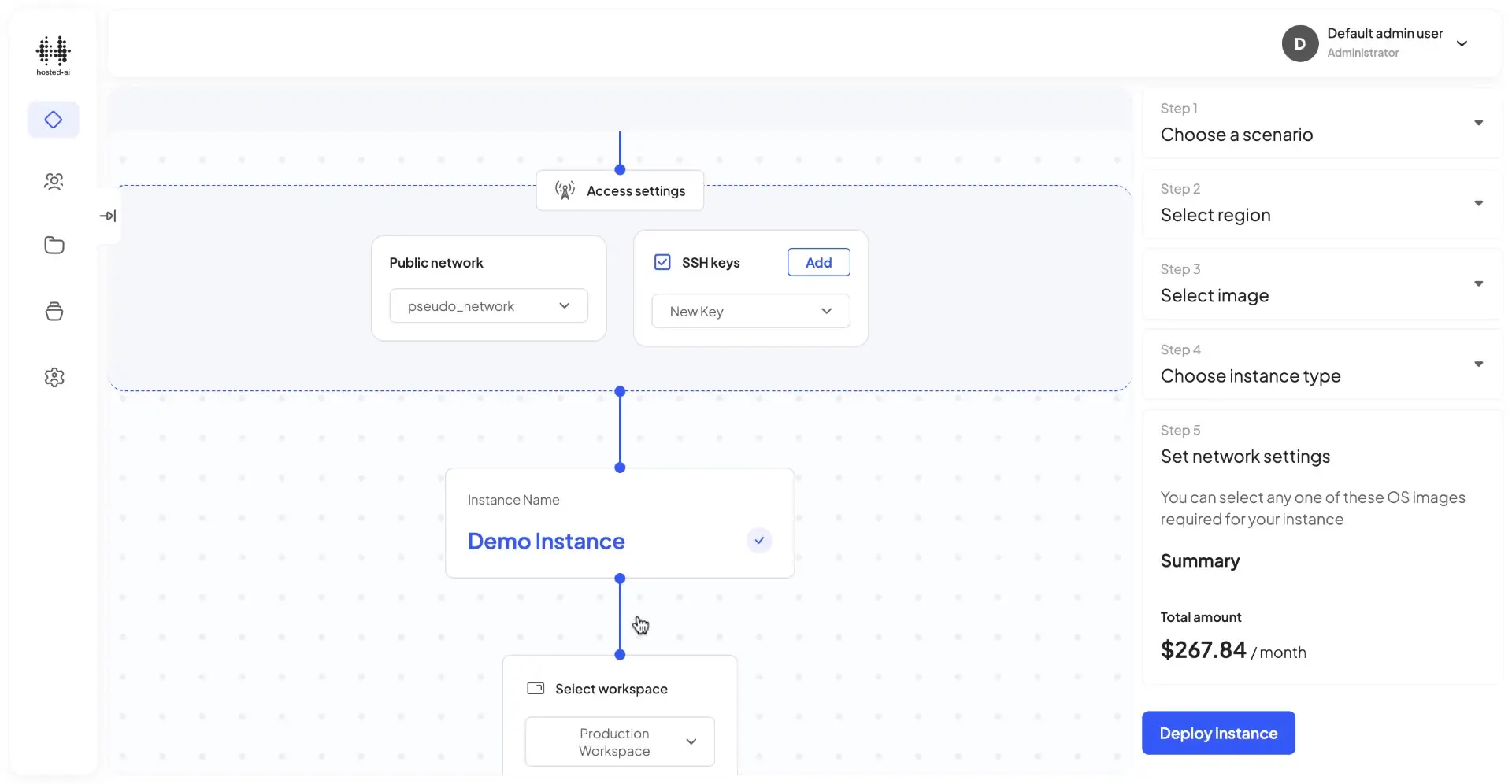 HostedAI User Panel for creating a cloud instance with access settings and deployment steps.