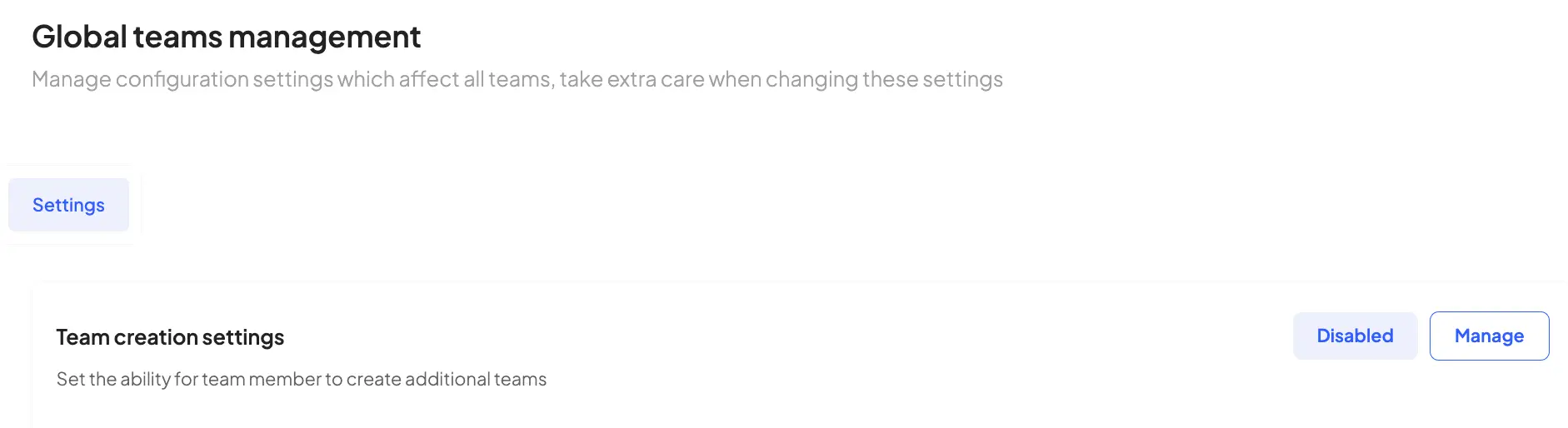 HostedAI Global Teams Management screen showing team creation settings with Disabled and Manage buttons.