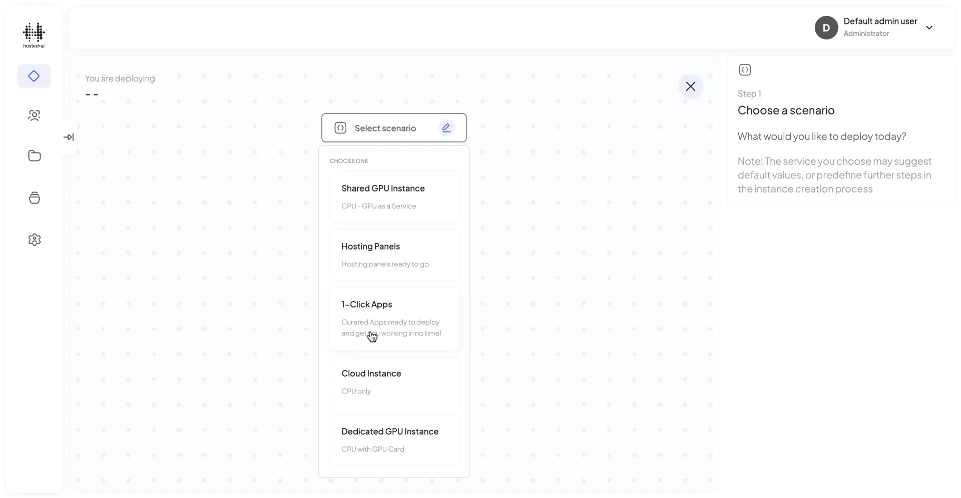HostedAI User Panel for creating a cloud instance, showing scenario selection options.