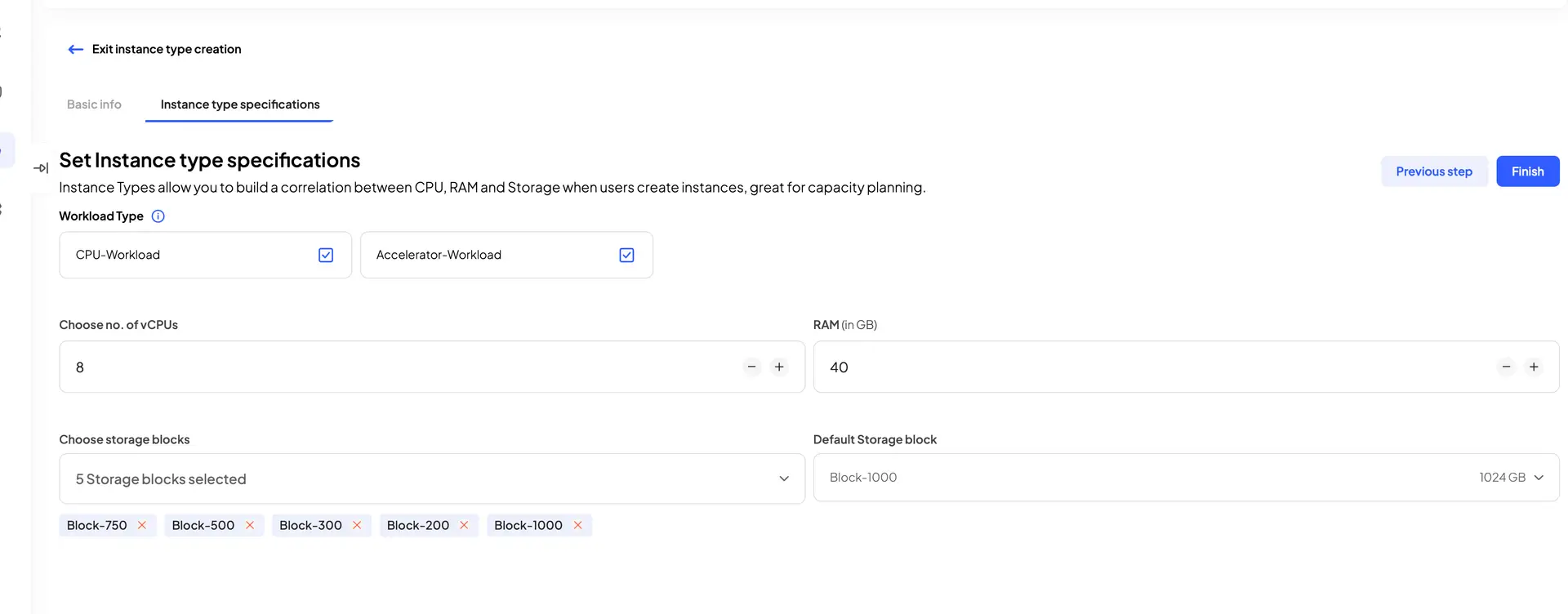 HostedAI Set Instance Type Specifications page for managing instance types.