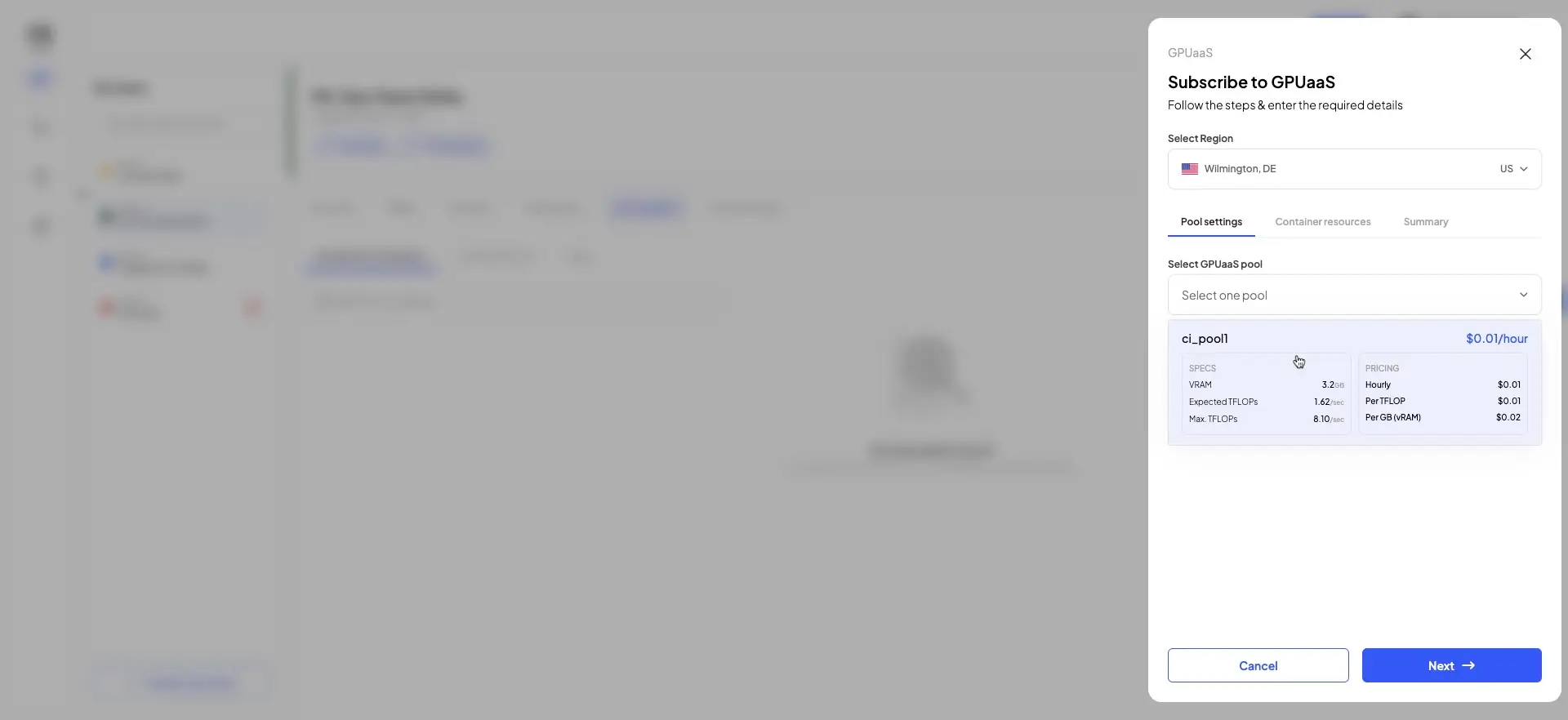 This screen allows users to subscribe to a GPU pool. Users can select a region and then choose from available GPU pools, viewing specifications and pricing details.