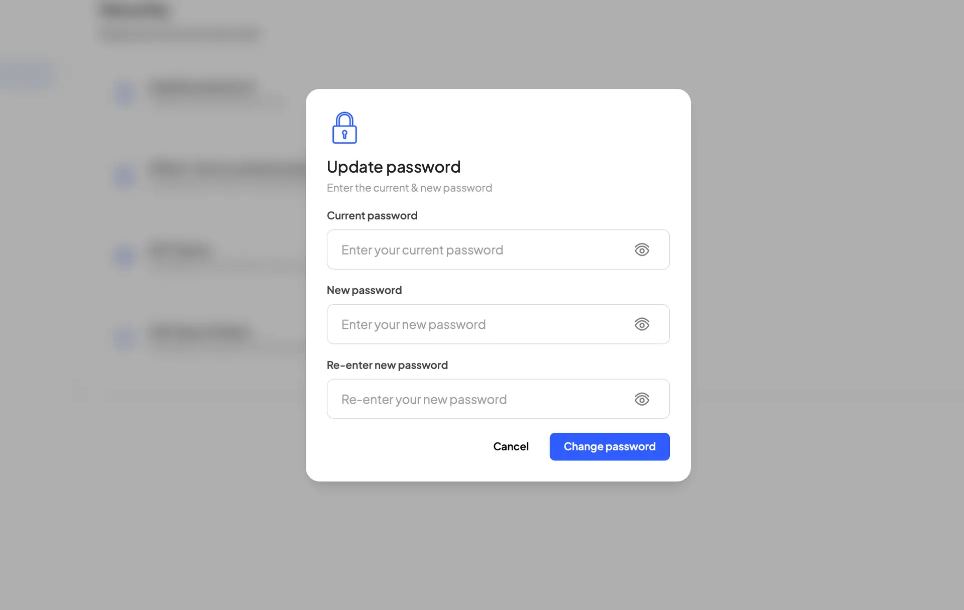 HostedAI Security settings - Update password dialog