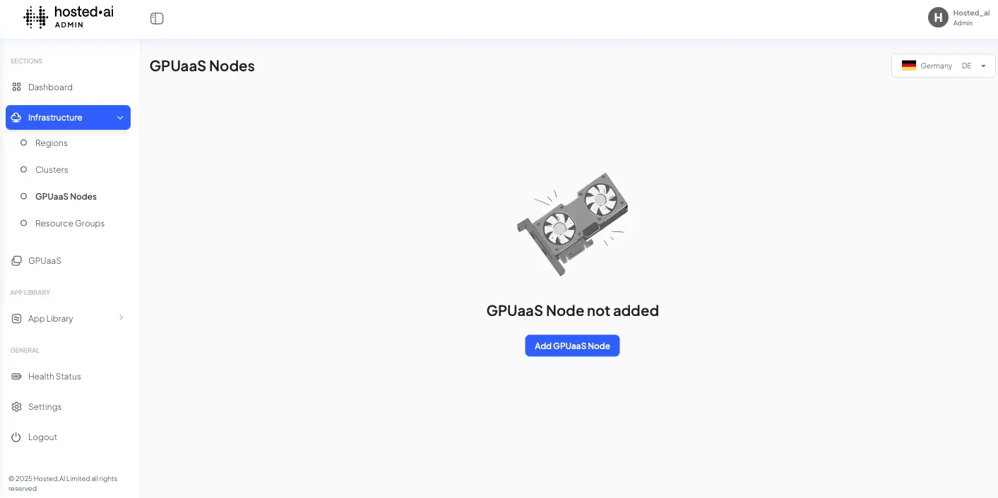 HostedAI Admin Panel - GPUaaS Nodes section, no nodes added